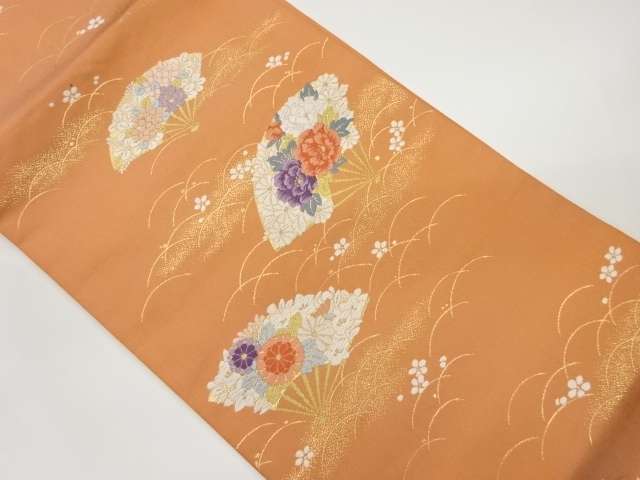 芝・扇に花々模様織出し名古屋帯